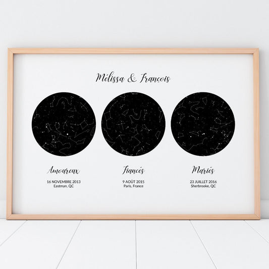 Personalized star map with 3 skies | Digital File